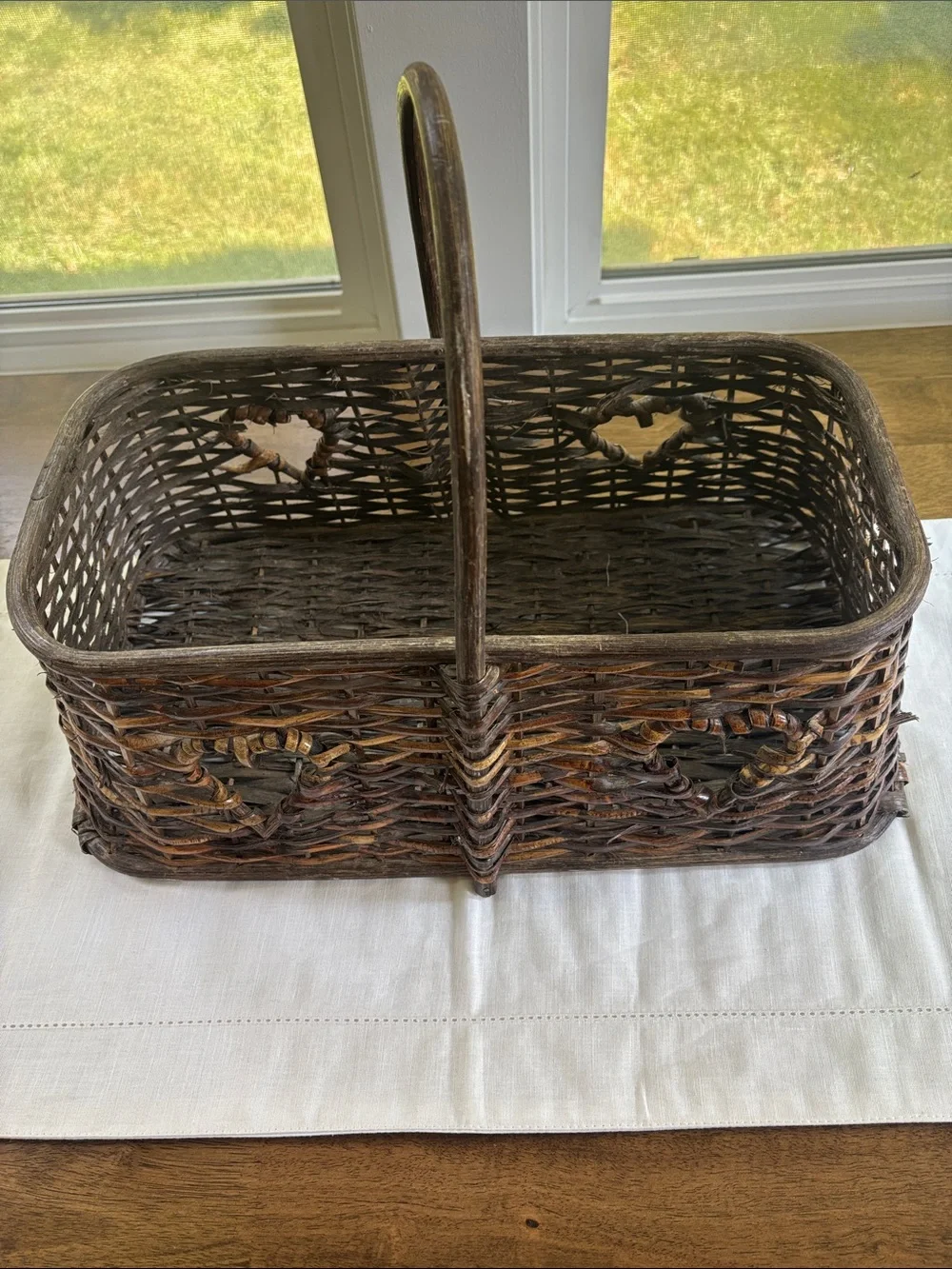 Vintage Woven Wicker Basket with Heart Cutouts 17”x9.5” Cottagecore